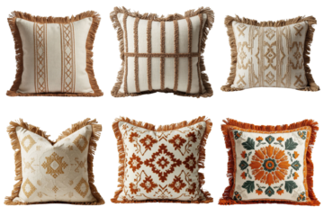 Decorative pillows with fringe in various patterns and colors  