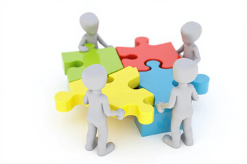 3D figures assembling colorful puzzle pieces on white background symbolizing teamwork, unity, collaboration, and problem-solving in business, education, and group strategy visuals