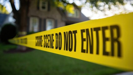 Close-up of crime scene tape outside house
