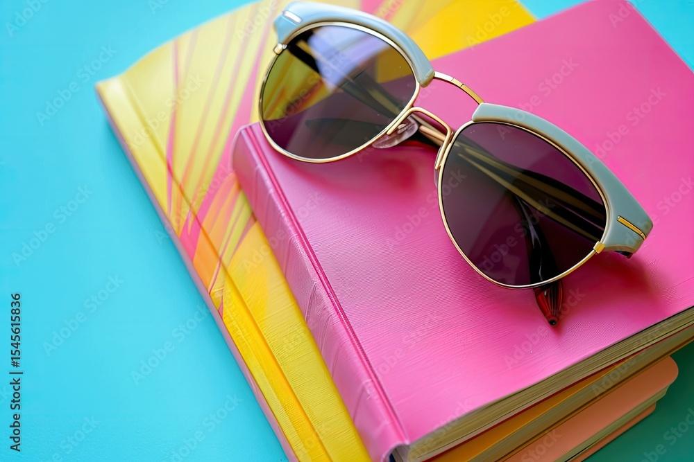 Poster clear pixel picture of a colorful notebook with a pair of sunglasses on top of it