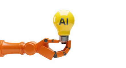 Orange robot arm holding a yellow lightbulb with ai text on a transparent background