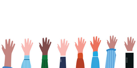 Vector Hands in different colors and clothes are lifting on white background. Suitable for elements of demonstration, cooperation, equality or difference.