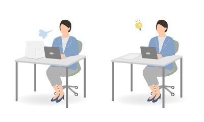 Senior businesswoman in light blue jacket – sighing and getting an idea – 2 illustrations set