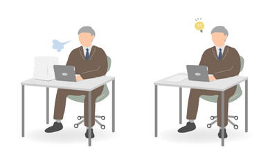 Fototapeta premium Senior businessman in brown suit – sighing and finding an idea – 2 illustrations set
