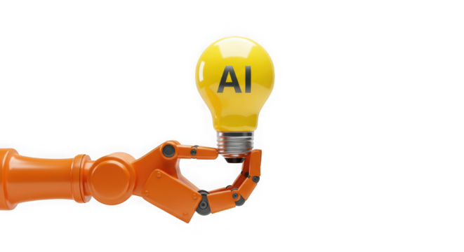 Orange robot arm holding a yellow lightbulb with ai text on a transparent background - Powered by Adobe