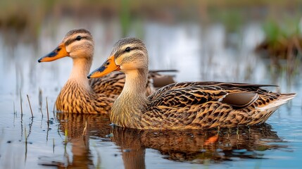 Fototapeta premium Pair of ducks swimming in a tranquil pond with water reflections