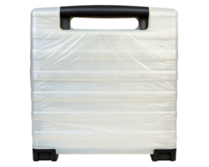 Hard shell suitcase wrapped in plastic with extended handle and wheels on a transparent background
