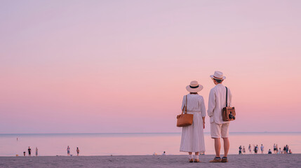Fototapeta premium 夕暮れの海べで佇む中高年のカップル