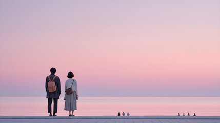 夕暮れの海べで佇む中高年のカップル