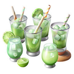 Refreshing lime green cocktails with ice and paper straws, summer drinks