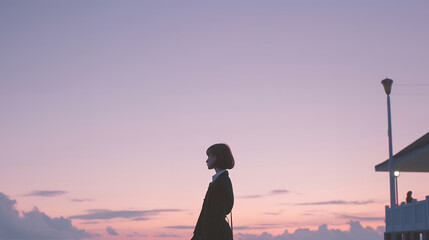 淡いパステルカラーの夕暮れと若い女性　エモい風景