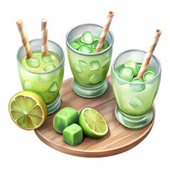 Three refreshing lime cocktails with ice on wooden tray, summer drinks