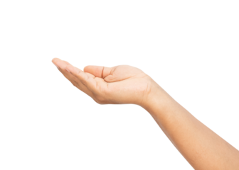 Man hand is open and holding something on isolated background.