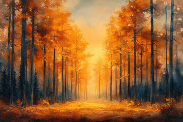 Fototapeta premium Tree-lined path through tranquil forest in painting.