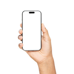 Hand holding the black smartphone with mockup of blank screen on isolated white background