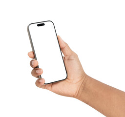 Hand holding the black smartphone with mockup of blank screen on isolated white background.