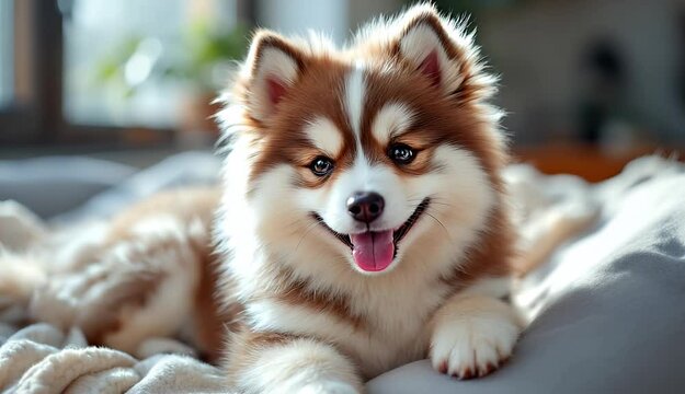 Adorable Pomsky Puppy Relaxing Indoors
