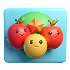 Happy cartoon apples, yellow emoticon, and star on blue background
