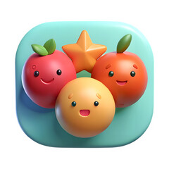 Happy fruit characters with star on teal background, 3D render