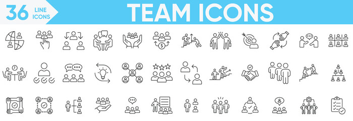 Team icon set.team working, collaboration, leadership, idea, presentation, project management, office, concepts, and more.Vector and illustrator set.