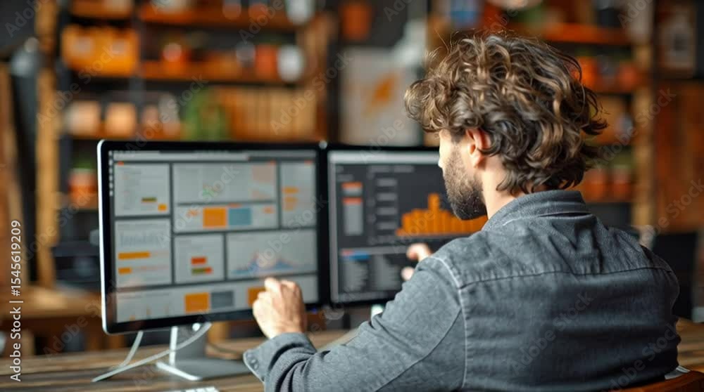 Poster businessman analyzing data on multiple computer screens