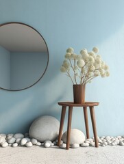 Minimalist scene round mirror, wooden stool, dried flower arrangement in a dark brown vase, and white stones against a light blue wall