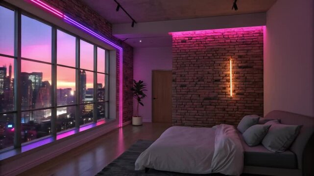 Bedroom interior design with led lights modern apartment cityscape view cozy aesthetic home decor ideas trends