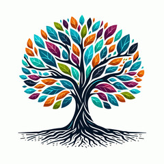 Colorful Tree with Roots and Leaves in Flat Vector Style
