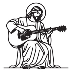 Jesus Playing Guitar vector illustration in black and white