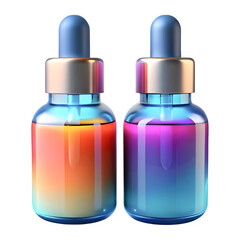 Two iridescent glass dropper bottles with colorful liquids, studio shot