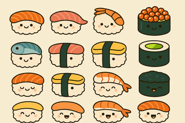 Cute Kawaii Sushi Characters – Vector Japanese Food Illustration