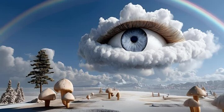 Surreal eye in cloud rainbow landscape