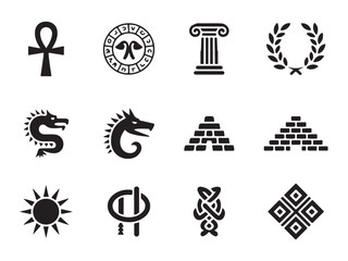Collection of Ancient Symbols and Architectural Designs, a set of black and white, stylized icons representing ancient symbols and architectural elements.