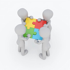 3D figures assembling colorful puzzle pieces on white background symbolizing teamwork, unity, collaboration, and problem-solving in business, education, and group strategy visuals