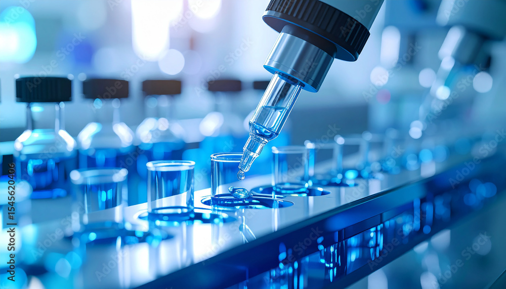 Poster precision in science: a close-up of a science lab, showcasing meticulously arranged vials and a micr