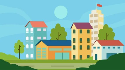 cityscape landscaped cartoon animation background video . minimalist village house at nature with tree and bush idea animated footage motion graphic illustration design - Powered by Adobe