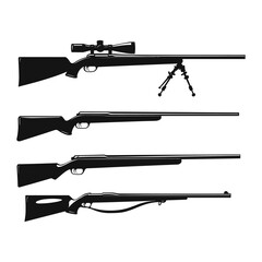 Set of four long gun silhouettes, including a sniper rifle with bipod and hunting rifles.