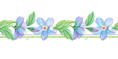 Seamless border, horizontal endless pattern, ornament, banner, template of forget-me-not flower, bud, leaf, Myosotis floral illustration isolated from background Hand drawn watercolor repeating object