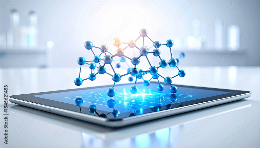 Poster digital molecule integration: a vibrant display of innovation, showcasing a digital tablet interwove