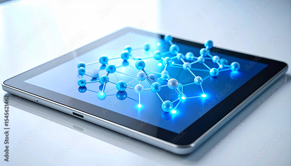 Poster technology network: a high-angle shot of a tablet displays an abstract digital network, showcasing t