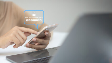 User entering OTP code on smartphone with speech bubble and padlock icon.