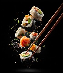 Assorted sushi pieces, including maki and nigiri,  float dynamically between chopsticks against a stark black backdrop; sesame seeds and green onions are scattered