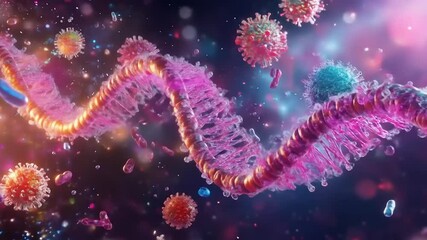 DNA strand with viruses, and microscopic view. - Powered by Adobe