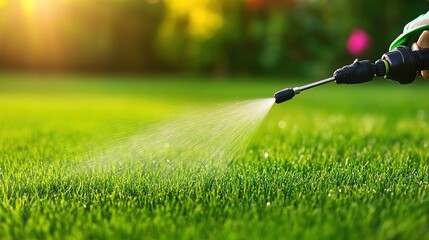 Watering green grass lawn with spray nozzle