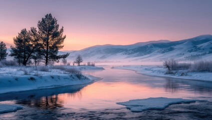 Serene winter sunrise over a snow-covered river valley, pastel sunrise hues reflected in calm water, frost-covered trees and ice floes