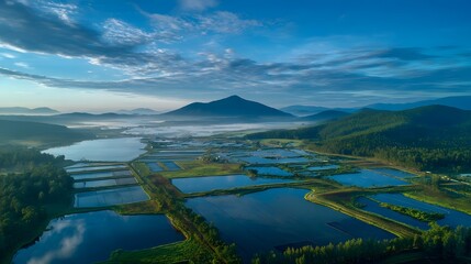 Aerial view of geometric shrimp farm ponds at dawn