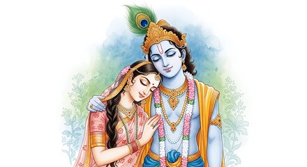 Divine Love of Radha Krishna love . Artwork of Lord Krishna ,divine couple ,spiritual, cultural ,Hindu mythology ,love and devotion ,harmony ,nature ,forest ,eternal ,Religious symbol of love . 