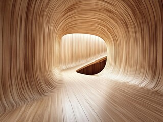 Curved Wooden Tunnel 3D Render, Abstract Interior Design, Light and Shadow, Architecture Visualization, Wooden Structure 3D rendering, abstract architecture