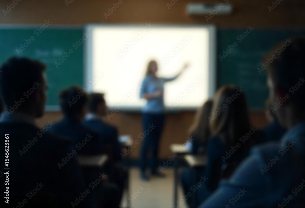 Poster generative ai blurred view of a teacher lecturing in a classroom with students