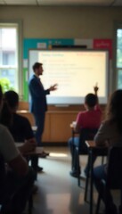 Generative AI A classroom scene with a teacher at the front and students at their desks blurred